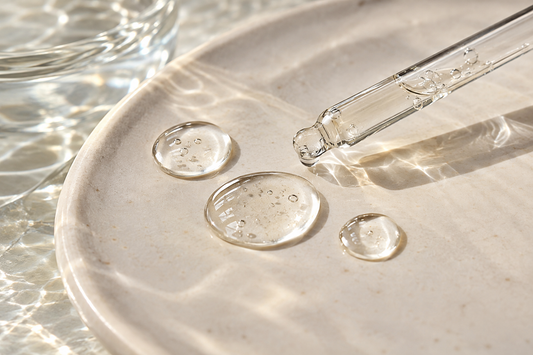 Klare Serumtropfen und Wasser auf einer hellen Oberfläche als Motiv zur Feuchtigkeitspflege mit Hyaluron.